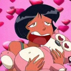 an animated image of a woman holding two stuffed animals with hearts in the air behind her