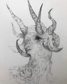 a drawing of a horned animal with long horns