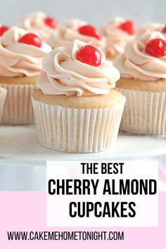 cupcakes with white frosting and cherries on top are the best cherry almond cupcakes