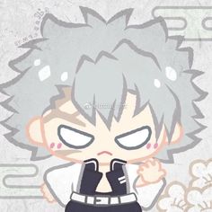 an anime character with grey hair and black pants, holding his hand up to his face