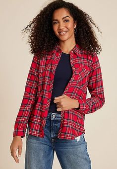 Cabin Plaid Classic Button Down Shirt | maurices A Cabin, Favorite Sweater, List Style, Tartan Plaid, Tartan, Soft Fabrics, Button Downs, Down Shirt, Button Down Shirt