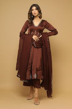 Buy Ahi Clothing Brown Embroidered Anarkali Palazzo Set Online | Aza Fashions Brown Anarkali, Satin Dupatta, Kerala Saree Blouse Designs, Silk Anarkali Suits, Mom Daughter Outfits, Stylish Kurtis Design, Satin Suit, Embroidered Anarkali, Anarkali Dress Pattern