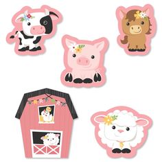 farm animals cutouts are shown in pink and black, including a barn, cow, and sheep