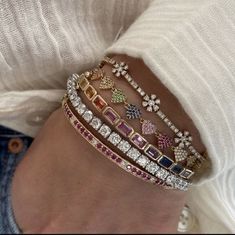 Bracelet Stack Colorful, 2025 Jewelry Trend Forecast, Pretty Stacks, Colourful Accessories, Sapphire Bangle, Bangle Diamond, Accessory Ideas, Ruby Bracelet, Jewelry Accessories Ideas