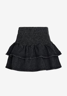 High-waisted fit-and-flare mini skirt. Smocked elastic waistband and tiered flounce hem. Shown here in Black. Wear with a smile. 100% Cotton Made in Turkey Machine Wash SR02-4115 Black Wear, Skirt Ruffle, Flared Mini Skirt, Black Jean Shorts, Short Skirt, Black Skirt, A Smile, Fit And Flare, Smocking