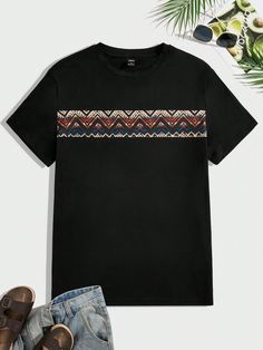 Men Knitted Round Neck Casual Short Sleeve T-Shirt, For Going Out, For Friends Black Casual  Short Sleeve Knitted Fabric Geometric,Tribal  Slight Stretch  Men Clothing, size features are:Bust: ,Length: ,Sleeve Length: Tee Shirt Homme, Men's Knit, Bucket Hats, Men Clothing, Black Casual, Maternity Bag, Cool T Shirts, Women Clothes Sale, Going Out