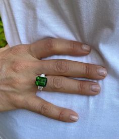 7.70 Carats Emerald Cut Chrome Tourmaline and Trapezoid Diamond 3 Stone Ring For Sale at 1stDibs Chrome Tourmaline, 3 Stone Ring, 3 Stone Rings, Three Stone Rings, Three Stone, Stone Ring, Emerald Cut, Stone Rings, Tourmaline