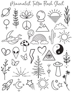 a set of black and white hand drawn symbols