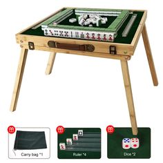 a wooden table with dices and dominos on it, along with instructions for how to play the game