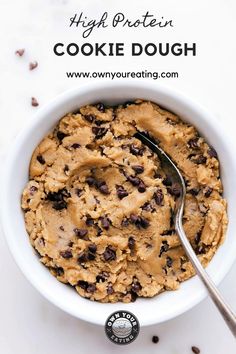 chocolate chip cookie dough in a white bowl with a spoon next to it and text overlay that reads, high protein cookie dough