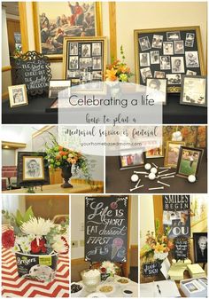 a collage of photos with the words celebrating a life written on them and flowers in vases