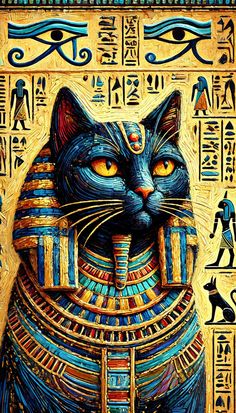 an egyptian cat painted in gold and blue