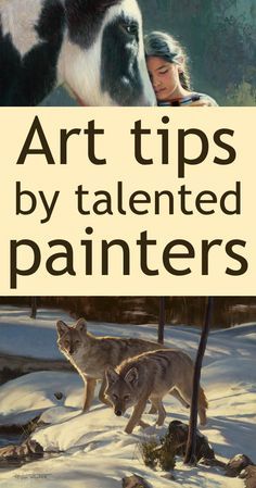 a woman and two dogs in the snow with text that reads art tips by talented painters