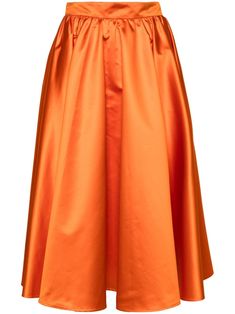 sunset orange satin weave gathered detailing two side inset pockets flared skirt mid-length straight hem concealed rear zip fastening Flared Midi Skirt, Orange Satin, Midi Flare Skirt, Orange Skirt, Sunset Orange, Versace Outfit, City Dress, Summer Beach Wear, Shades Of Orange