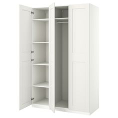 an open white cabinet with shelves and doors on both sides, isolated against a white background