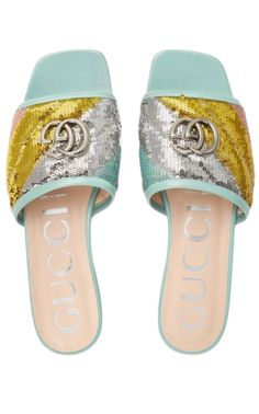 A square-toed slide sandal presented in a mix of pastel shades. Adding a whimsical note, the shoe has been embroidered with sequins while the Guccio Gucci’s monogram pays homage to the House’s roots.Double GSquare-shaped toe1" heelTextile and leather upper/leather lining and soleMade in Italy Chevron Outfit, Chevron Jewelry, Gucci Shop, Guccio Gucci, Platform Mary Janes, Shoes Flats Sandals, S Monogram, Leather Slide Sandals, Luxury Women Fashion