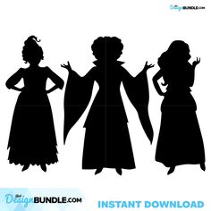 the silhouettes of three women in dresses, one wearing a cape and the other holding her