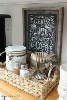 a basket with some coffee items in it