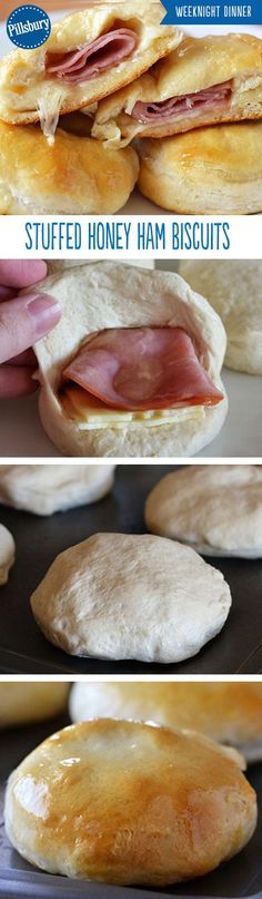 the process of making stuffed honey ham biscuits is shown in three different stages