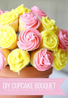 cupcake bouquet in a clay pot with pink and yellow frosting