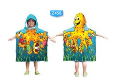 two children's hooded towels with an octopus on them