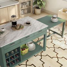 a kitchen island with marble top and wine rack