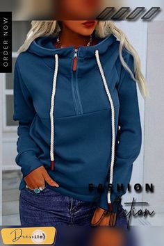 Women Pure Color Drawstring Zipper Hoodies Sweatshirt Womens Sweatshirts Hoods, Women's Hoodies, Winter Hoodies, Cool Hoodies, Collar Top, Hooded Sweater, Zipper Hoodie, Fashion Colours, Casual Look