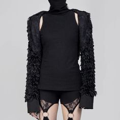 A Punk long-sleeved hooded, fluffy cutout top is a bold and edgy garment. This top combines a hooded design with a fluffy texture and intricate cutout details, creating a unique and mysterious gothic look. Ideal for making a statement, the combination of long sleeves and distinctive cutouts adds an extra layer of style. Suitable for various occasions, this top blends dark and alternative elements for a fashionable and eye-catching ensemble. 
 
Material: Polyester 
Size:?S-M; L-XL 
SKU:?JA2433 Punk Style Tops For Winter Cosplay, Punk Style Winter Tops For Cosplay, Winter Punk Tops For Cosplay, Winter Punk Cosplay Tops, Gothic Tops For Winter Alternative Fashion, Black Punk Hooded Jacket For Winter, Alternative Style Tops For Winter Cosplay, Alternative Winter Tops For Cosplay, Winter Alternative Style Party Top