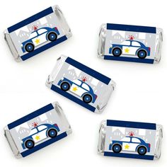 four blue and white police car candy bar wrappers with stars on the top, set of 4