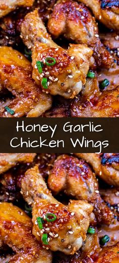 honey garlic chicken wings recipe is shown in two separate images and then on the same plate