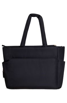 a black tote bag with two handles and zippers on the front, side view