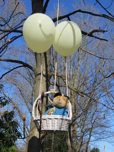 a teddy bear in a basket hanging from a tree with balloons attached to the branches