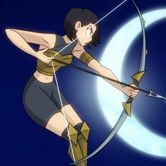 a cartoon character holding a bow and arrow in front of the moon with her right hand