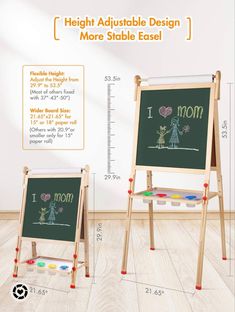 two wooden eases with chalkboards and markers on them, one is for mom and the other is for dad