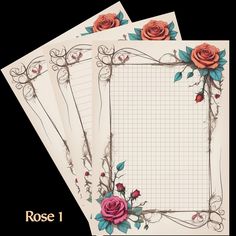 three roses on lined paper with vines and leaves