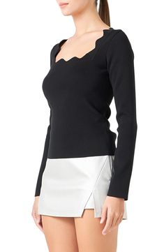 A lightweight staple sweater gets so much sweeter with a squared neckline edged in scalloped shaping. 70% rayon, 30% polyester Hand wash, dry flat Imported Fitted Long Sleeve Tops With Scalloped Edges, Elegant Long Sleeve Tops With Scalloped Edges, Elegant Winter Tops With Square Neck, Fitted Square Neck Sweater, Square Neck Sweater, Squared Neckline, Fabric Gift Bags, Fabric Gifts, Nordstrom Store