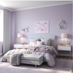 a bedroom with purple walls and white furniture