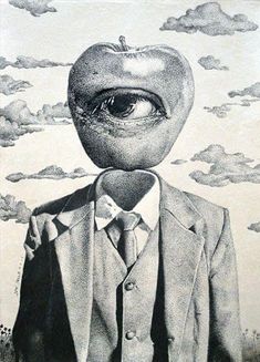 a drawing of an apple wearing a suit and tie with clouds in the sky behind it