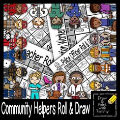 the community helpers roll and draw game is shown in black and white with lots of people