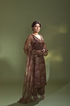 Rust brown straight kurta featuring floral pattern all over with crystal embellished centre front. Paired with a co-ordinating pant and dupatta. - Aza Fashions Elegant Brown Festive Sets, Elegant Brown Designer Wear Sets, Elegant Brown Sets With Dupatta, Elegant Brown Designer Sets, V Neck Pattern, Blouse Lehenga, Lehenga Pattern, Padded Blouse, Sequin Embroidery