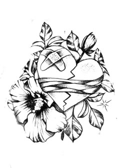 a drawing of a heart and flowers on a white background