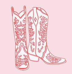 a pair of cowboy boots drawn in red and white ink on pink paper with the words,