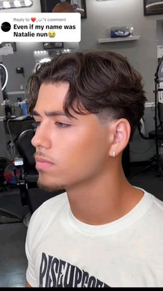 Men’s Slick Back Haircut, Middle Part With Taper, Middle Part With Mullet, Slicked Back Middle Part, Mid Part Mullet, Tapered Fade Men, Mens Middle Part Haircut, Slicked Back Mullet