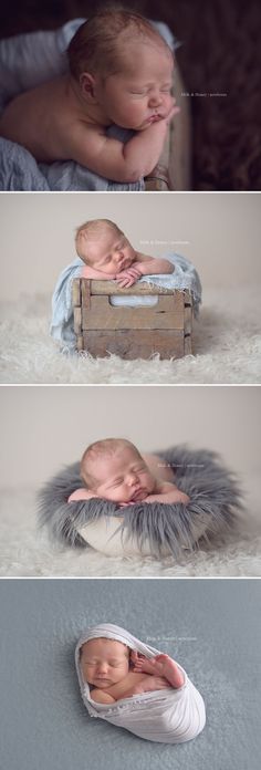 three different shots of a baby sleeping on top of a wooden box with fur around it