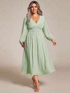 Plus Size Flowy Long Sleeves V-Neck Midi Chiffon Wedding Guest Dress #color_Mint Green Plus Size Wedding Guest Dresses Classy, Semi Casual Wedding Attire Guest, Curvy Wedding Guest Outfit, Flattering Dresses For Plus Size, Upcycle Wedding, Smores Wedding, Engagement Party Outfit Guest, Plus Size Wedding Guest Outfit, Green Plus Size Dresses