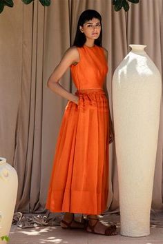 Shop for Labbada Orange Chanderi Dress for Women Online at Aza Fashions Sleeveless Maxi Dress With Pleated Waist And Fitted Bodice, Sleeveless Dress With Pleated Fitted Waist, Fitted Bodice Dress, Chanderi Dress, Round Dress, Dress With Pleats, Bodice Dress, Dress Orange, Necklines For Dresses