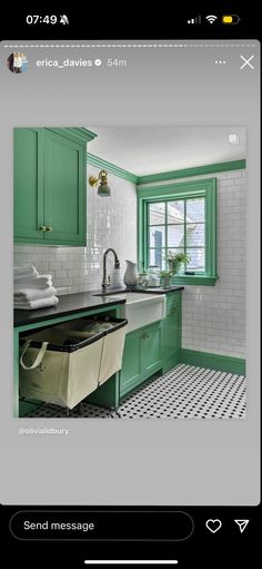 a kitchen with green cabinets and white tile flooring is featured on an iphone screen