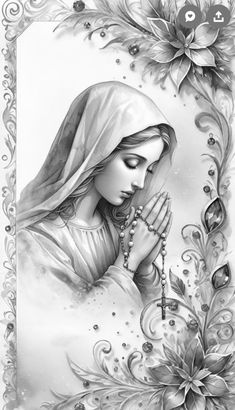 a black and white drawing of a woman praying