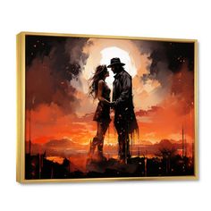 a painting of two people standing in front of a sunset