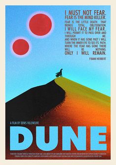 a movie poster for dune with a man standing on top of a hill in the distance